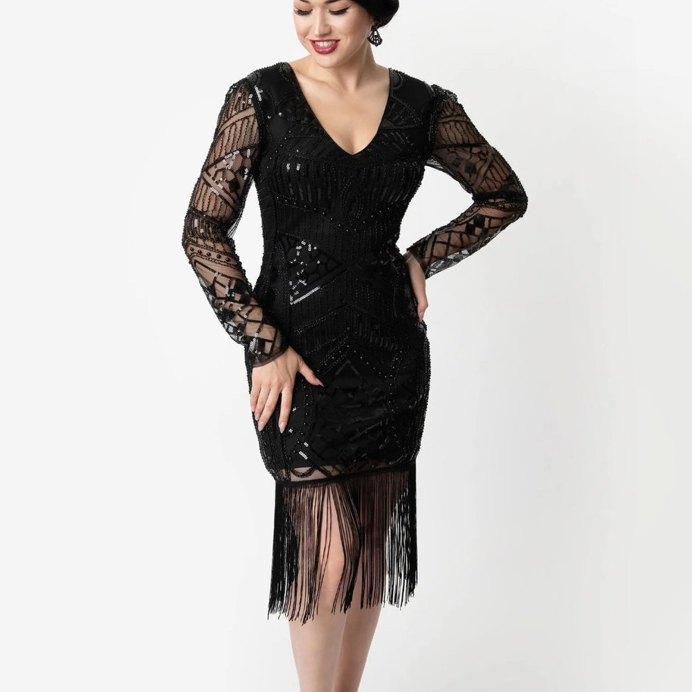 Unique Vintage Black Beaded Fringe Midi Dress
